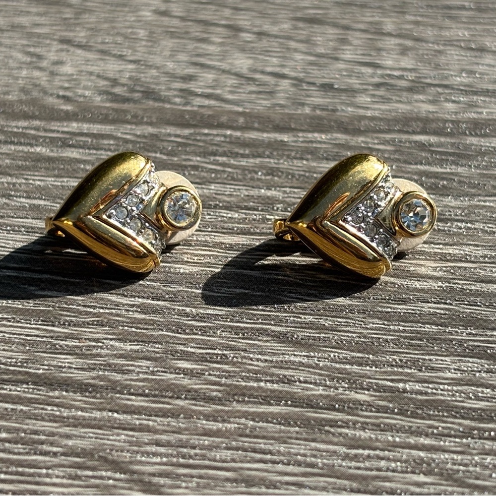 Nina Ricci Heart Clip On Earrings 22k Gold Plated With Swarovski Crystals NWOT